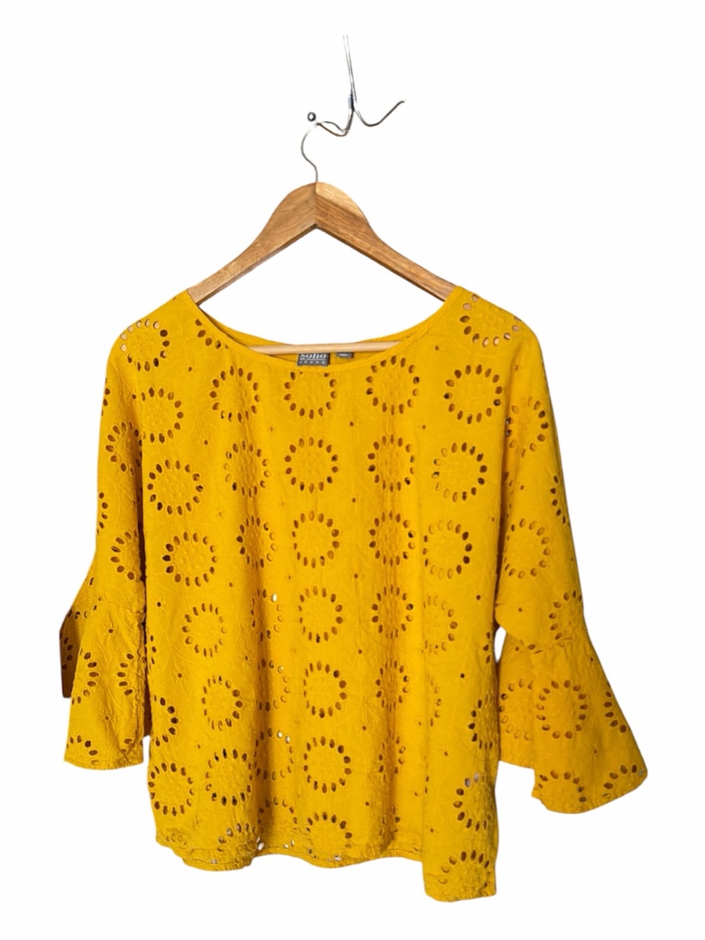 New York and Company Boho Eyelet Cutwork Cotton Bell Sleeve Blouse Size XL